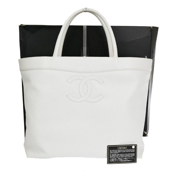 CHANEL CC Shoulder Hand Tote Bag Caviar Skin Leather White GHW Italy 21RJ365 - Picture 1 of 11